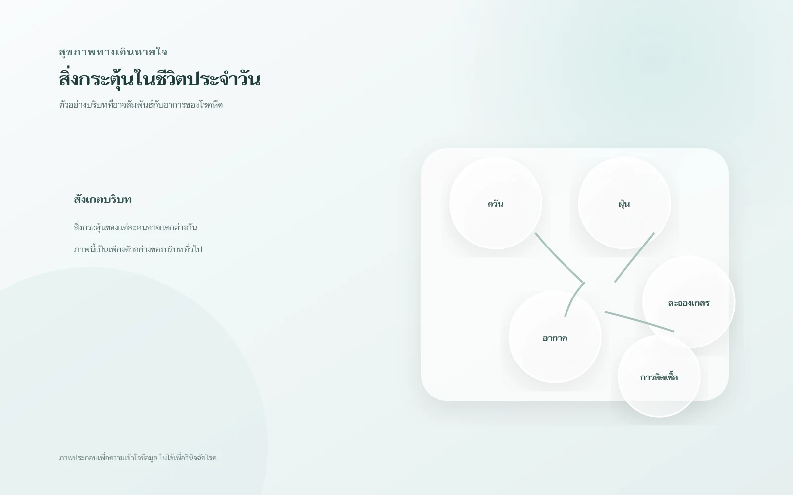 ภาพภาษาไทยสื่อสิ่งกระตุ้นโรคหืดในชีวิตประจำวัน เช่น ควัน ฝุ่น ละอองเกสร อากาศ และการติดเชื้อ