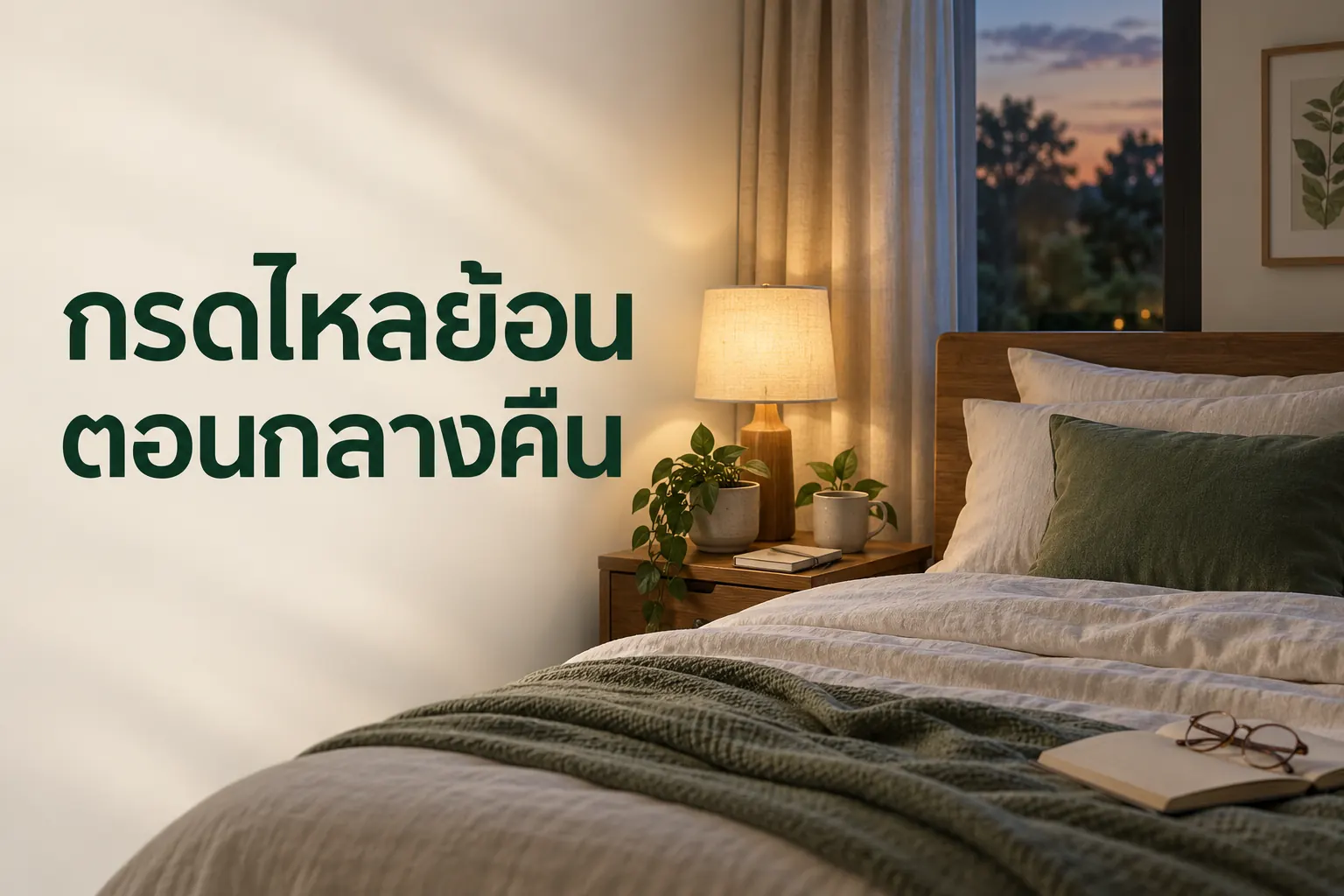 ภาพจำลองห้องนอนยามค่ำ พร้อมข้อความ กรดไหลย้อน ตอนกลางคืน