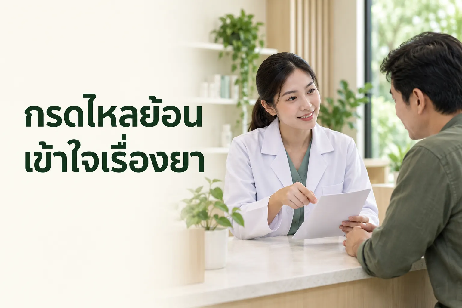 ภาพจำลองการคุยเรื่องข้อมูลยา พร้อมข้อความ กรดไหลย้อน เข้าใจเรื่องยา