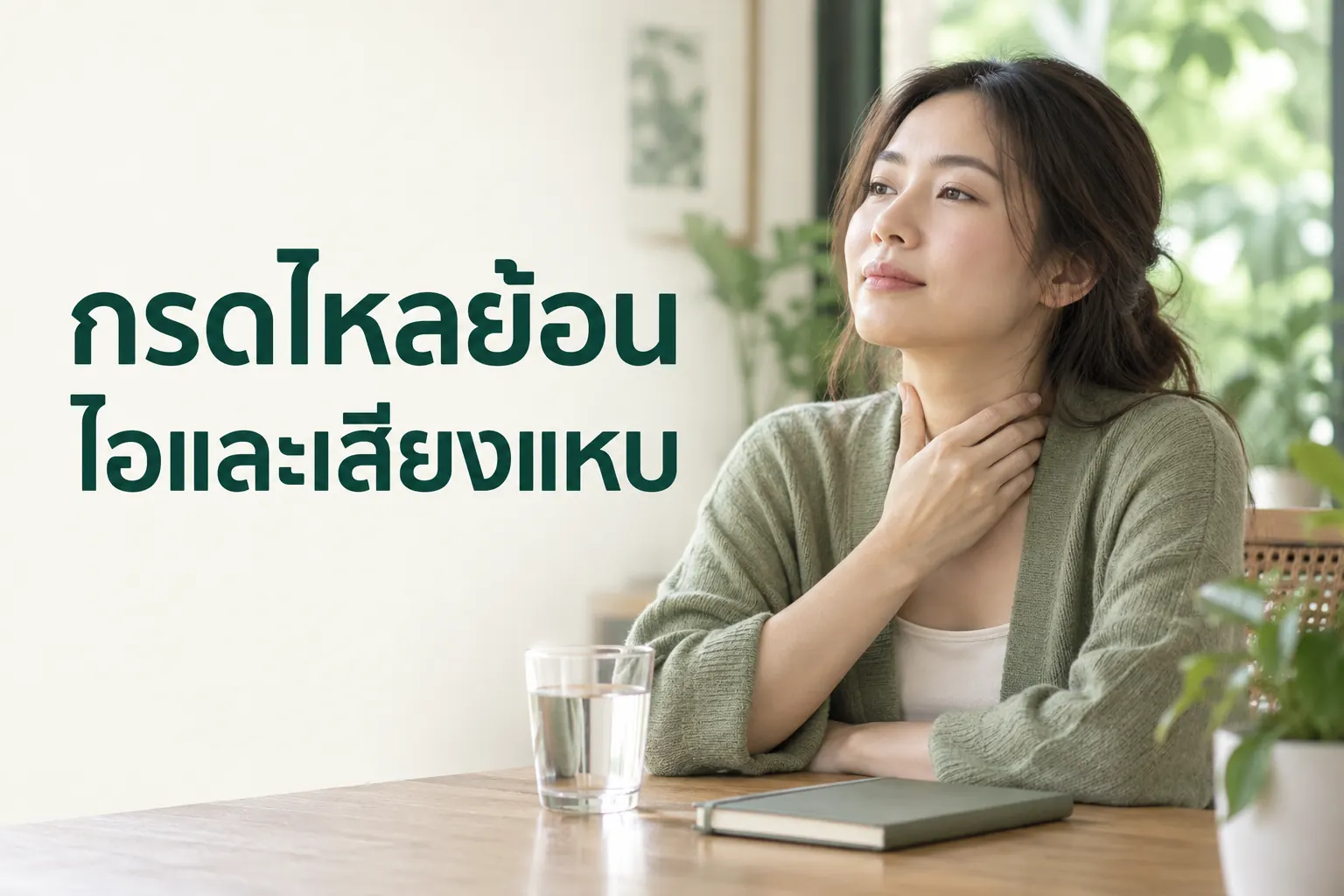 ภาพจำลองผู้หญิงแตะบริเวณคอ พร้อมข้อความ กรดไหลย้อน ไอและเสียงแหบ ไม่ใช้วินิจฉัยจากภาพ