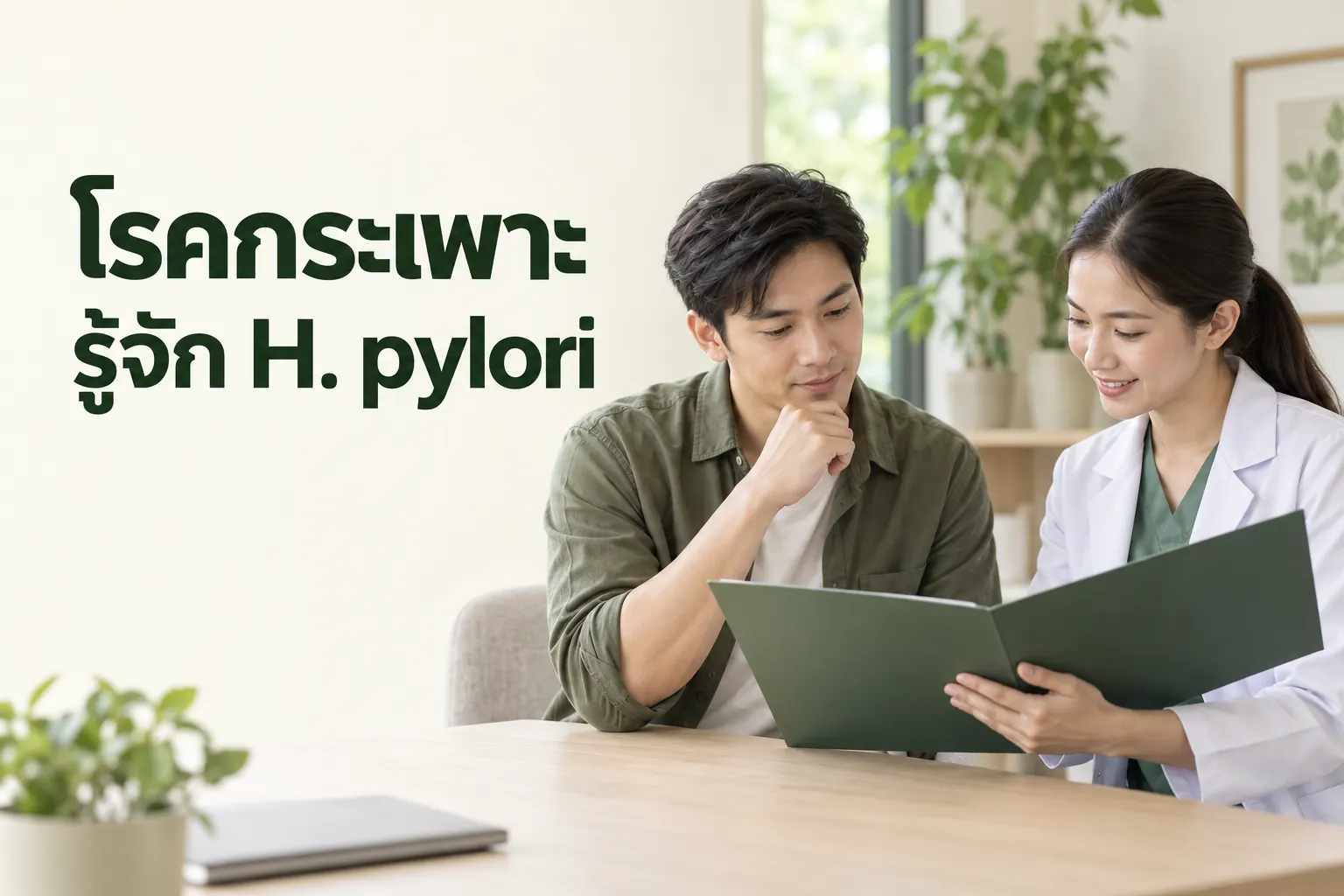 ภาพจำลองการพูดคุยเรื่องข้อมูลตรวจ พร้อมข้อความ โรคกระเพาะ รู้จัก H. pylori
