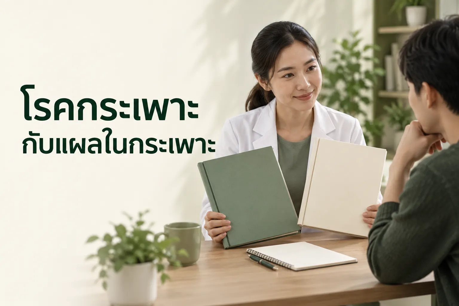 ภาพจำลองแฟ้มข้อมูลสองเล่ม พร้อมข้อความ โรคกระเพาะ กับแผลในกระเพาะ