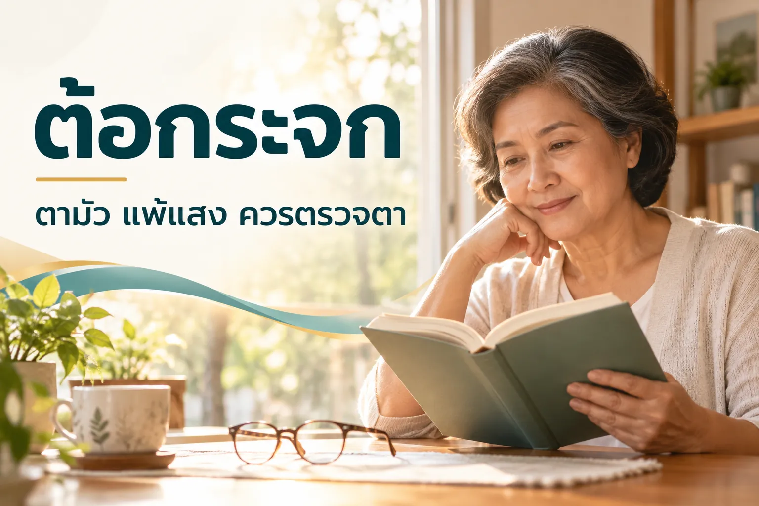 ภาพจำลองผู้สูงวัยอ่านหนังสือข้างหน้าต่าง พร้อมข้อความต้อกระจก ตามัว แพ้แสง ควรตรวจตา