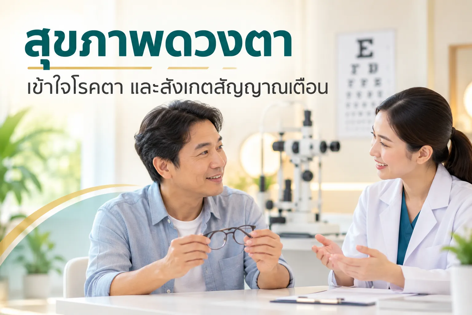 ภาพจำลองผู้ใหญ่ถือแว่นปรึกษาผู้ตรวจตา พร้อมหัวข้อสุขภาพดวงตาและการสังเกตสัญญาณเตือน