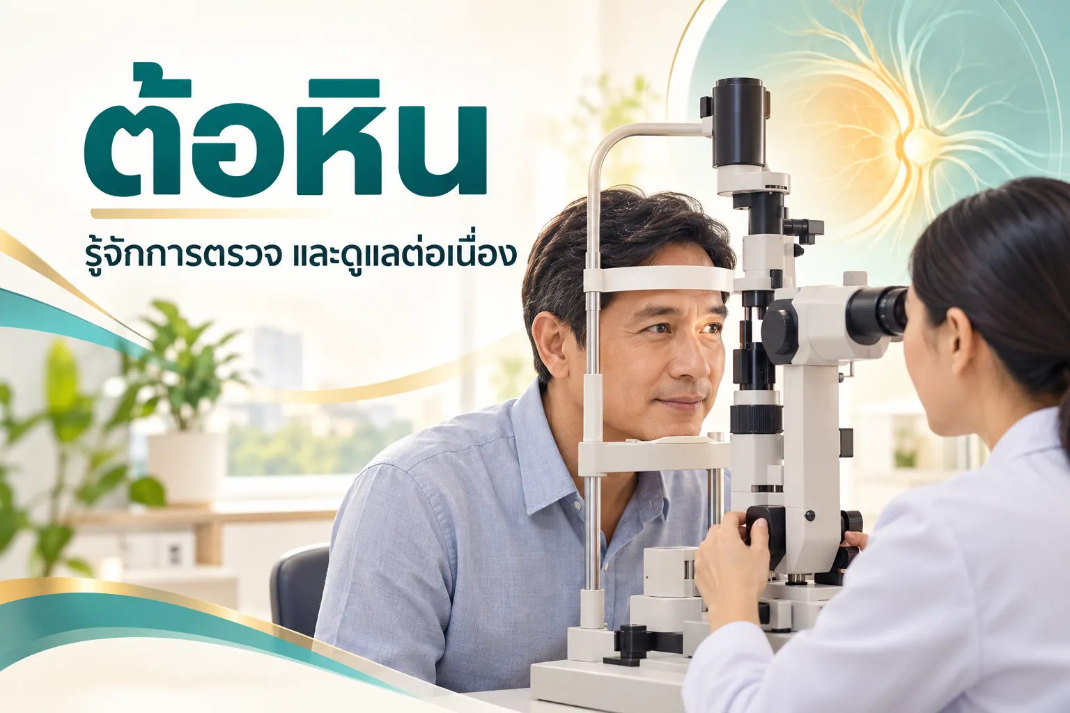 ภาพจำลองการตรวจตาด้วยเครื่องตรวจ พร้อมข้อความต้อหิน รู้จักการตรวจและดูแลต่อเนื่อง
