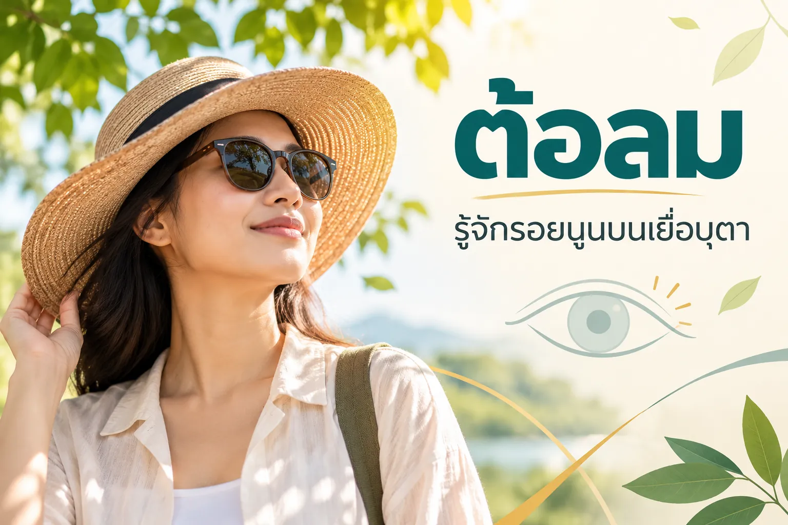 ภาพจำลองผู้ใหญ่ใส่หมวกและแว่นกันแดด พร้อมข้อความต้อลม รู้จักรอยนูนบนเยื่อบุตา