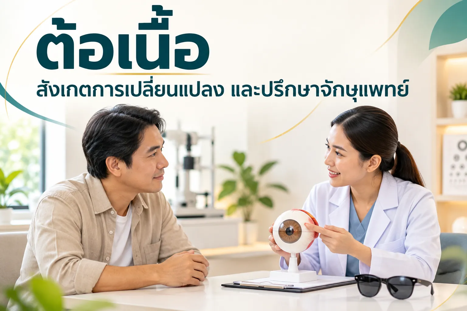 ภาพจำลองการสนทนากับผู้ตรวจตาที่ใช้แบบจำลองลูกตา พร้อมข้อความต้อเนื้อและการปรึกษาจักษุแพทย์