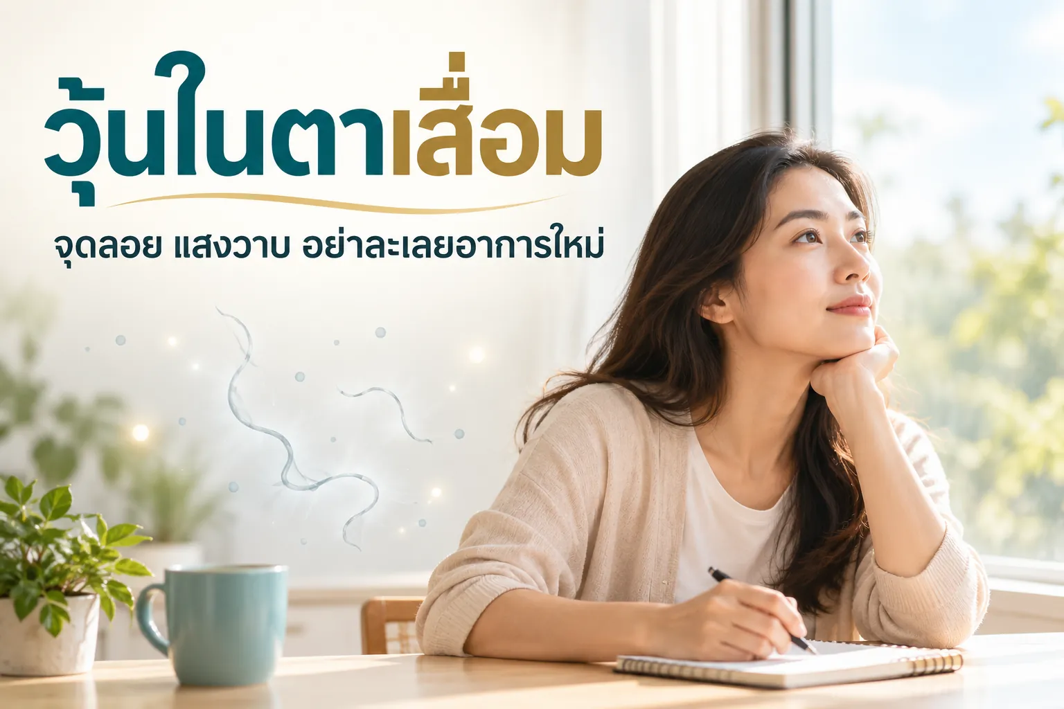ภาพจำลองผู้ใหญ่ข้างหน้าต่างและลายจุดเส้นนามธรรม พร้อมข้อความวุ้นในตาเสื่อม จุดลอย แสงวาบ อย่าละเลยอาการใหม่
