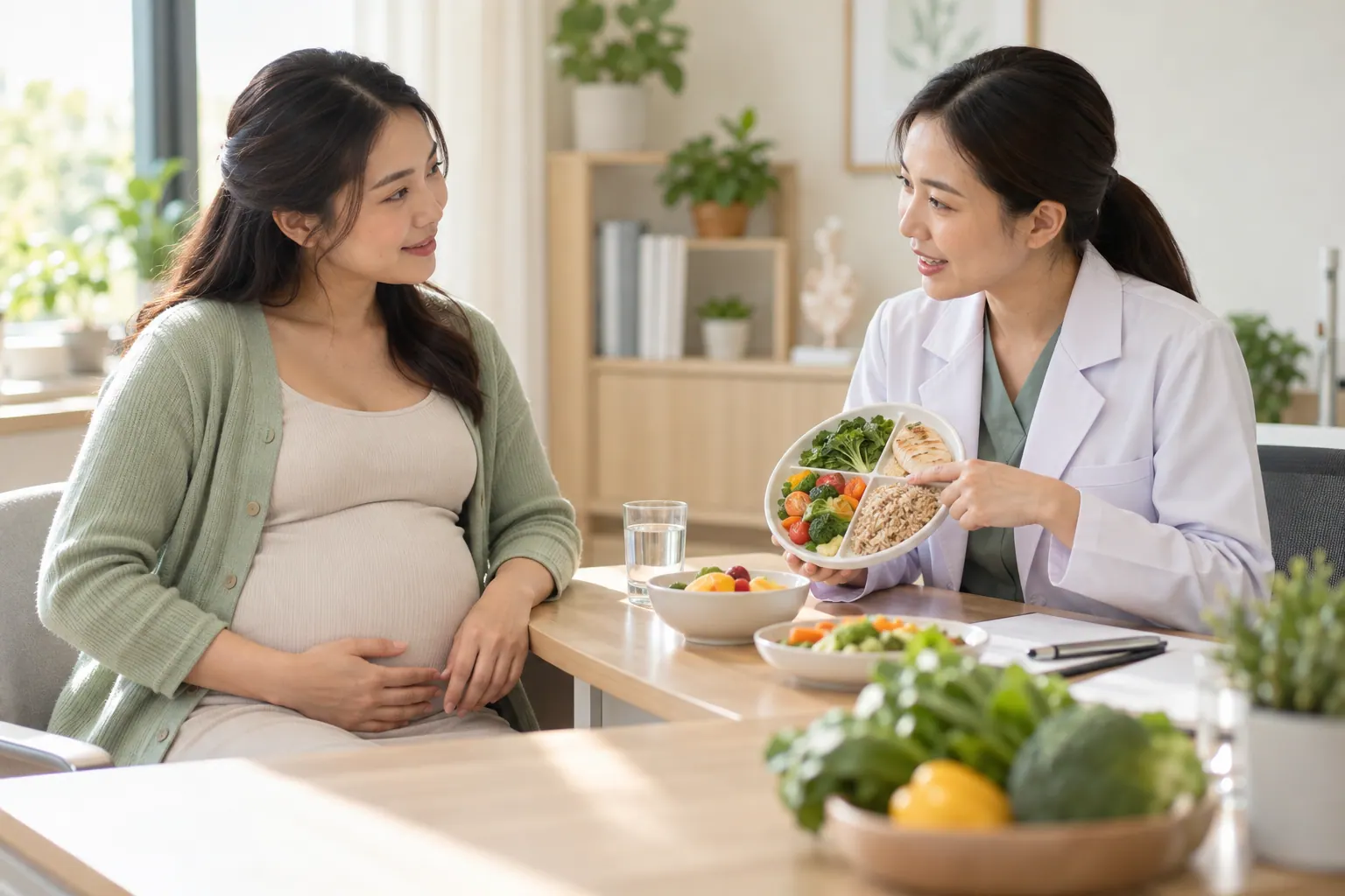 หญิงตั้งครรภ์พูดคุยกับบุคลากรสุขภาพเรื่องการกินและอาการกรดไหลย้อน