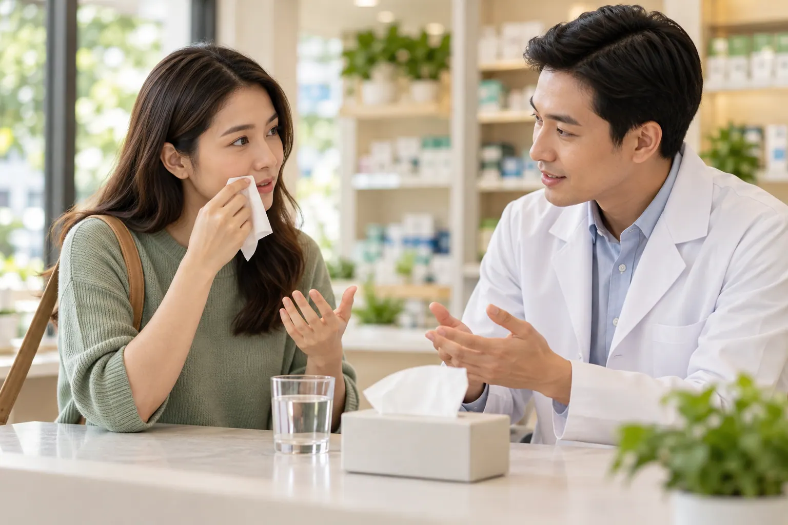 ผู้ใหญ่ปรึกษาเภสัชกรเพื่อแยกประวัติอาการภูมิแพ้จมูกกับหวัด
