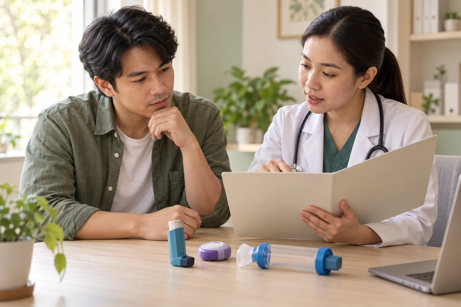 ผู้ใหญ่ทบทวนยาและเอกสารหลังหอบหืดกำเริบกับผู้รักษาในการนัดติดตาม