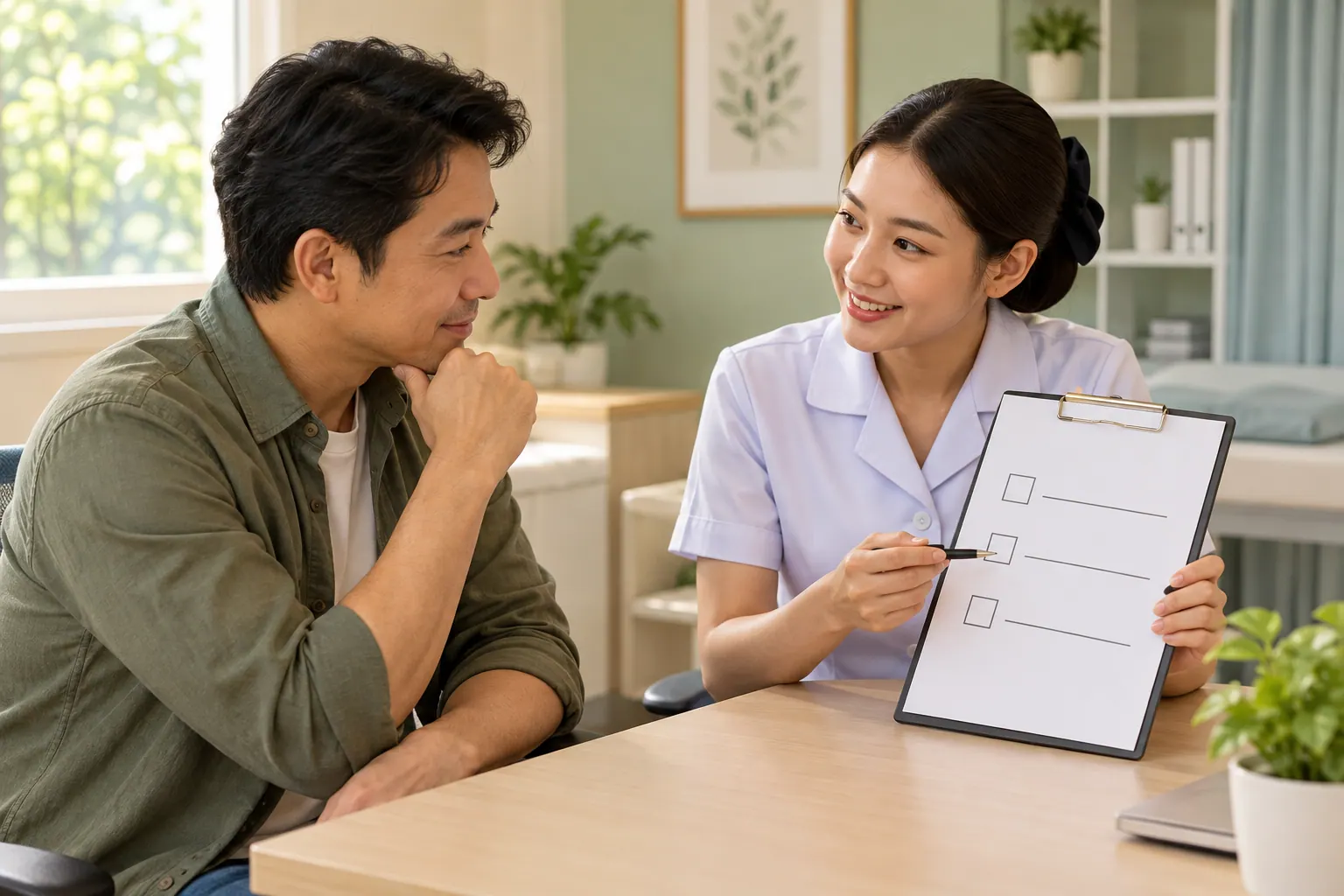 พยาบาลทบทวนข้อปฏิบัติหลังหัตถการริดสีดวงกับผู้รับบริการ