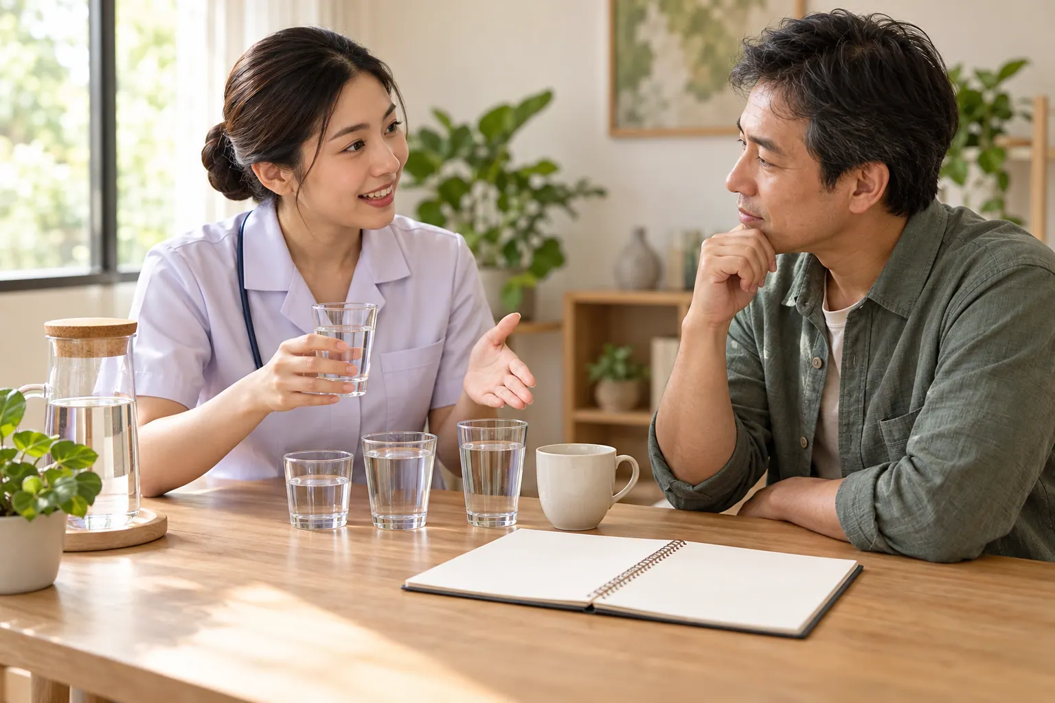 พยาบาลอธิบายการวางแผนน้ำดื่มเฉพาะบุคคลสำหรับผู้มีโรคไต