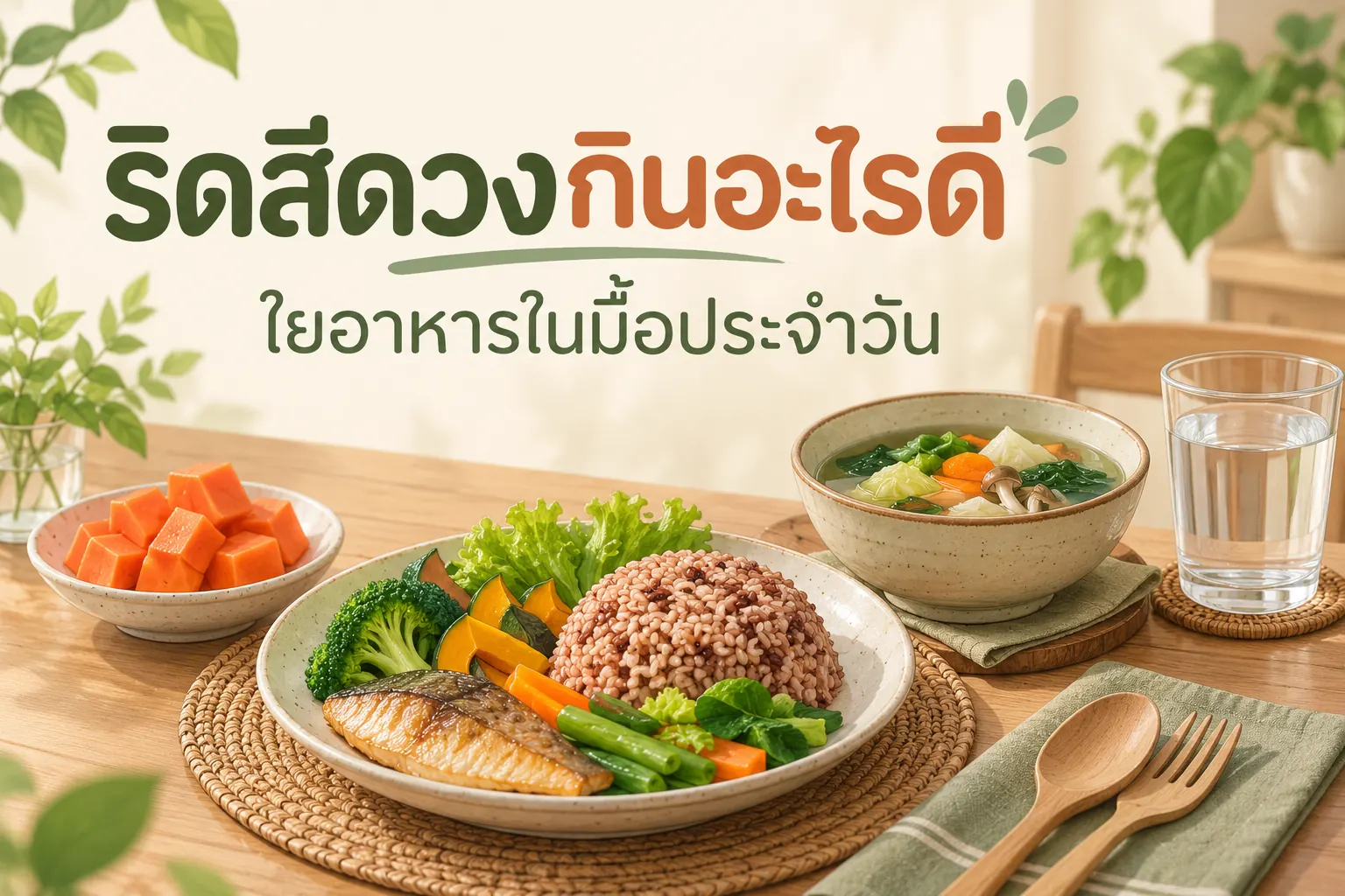 ริดสีดวงกินอะไรดี: ตัวอย่างภาพมื้ออาหารที่มีข้าวกล้อง ผักและผลไม้