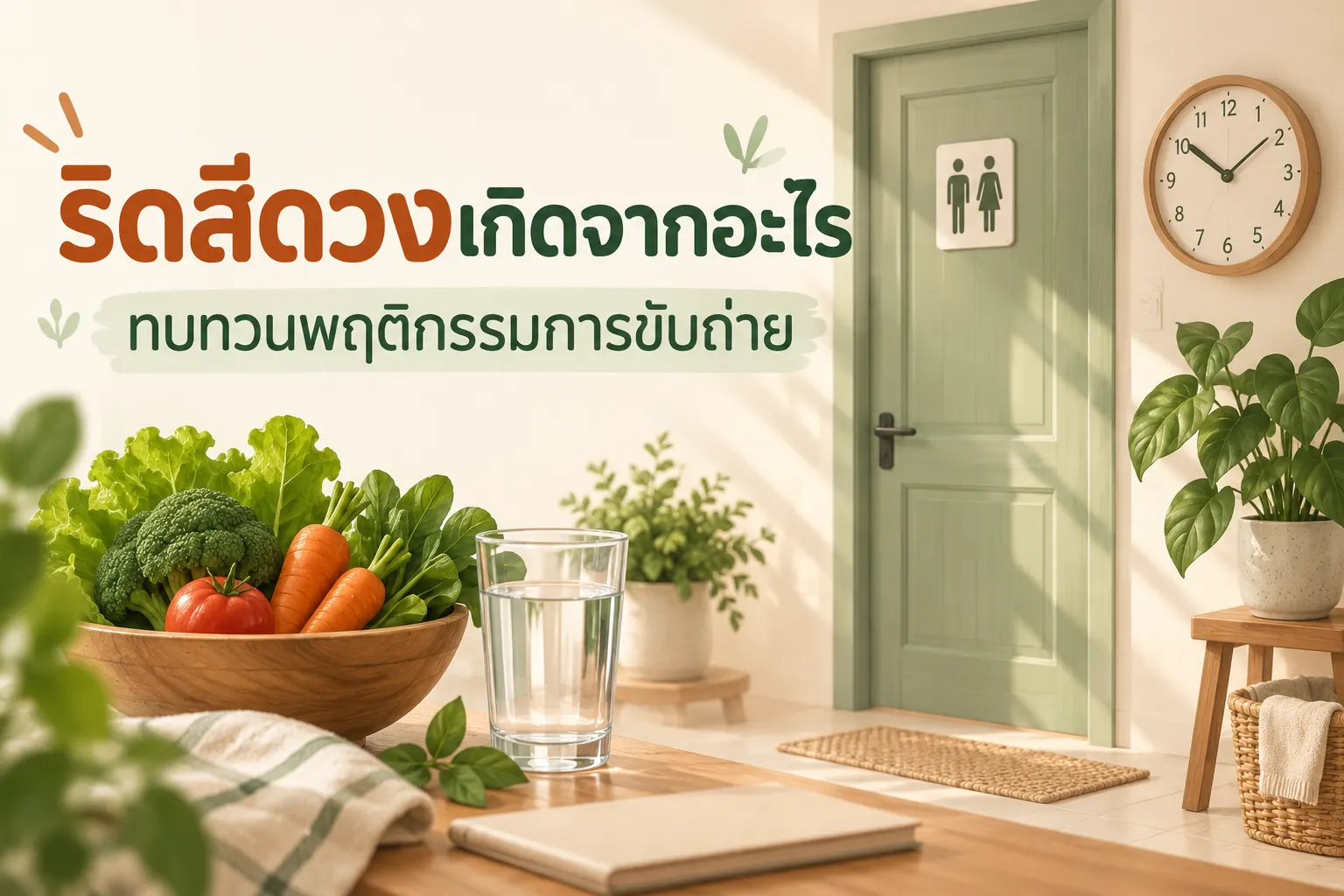 ริดสีดวงเกิดจากอะไร: ภาพห้องน้ำ นาฬิกา ผักและน้ำ ประกอบการทบทวนพฤติกรรม