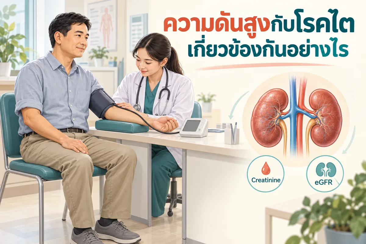 ภาพความดันสูงกับโรคไต แสดงการวัดความดันที่ต้นแขนและภาพประกอบไต