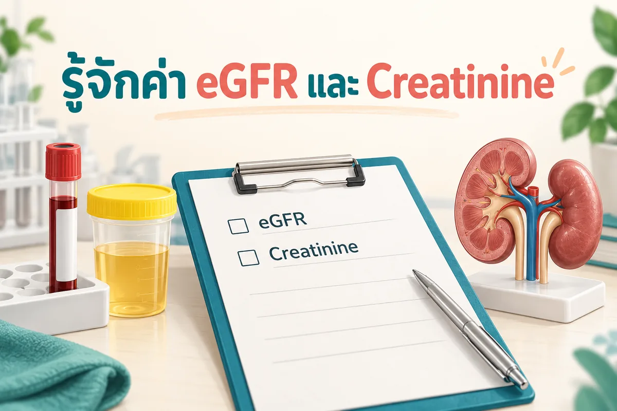 ภาพอธิบายค่า eGFR และ Creatinine ด้วยใบตรวจ หลอดเลือด ภาชนะปัสสาวะ และแบบจำลองไต