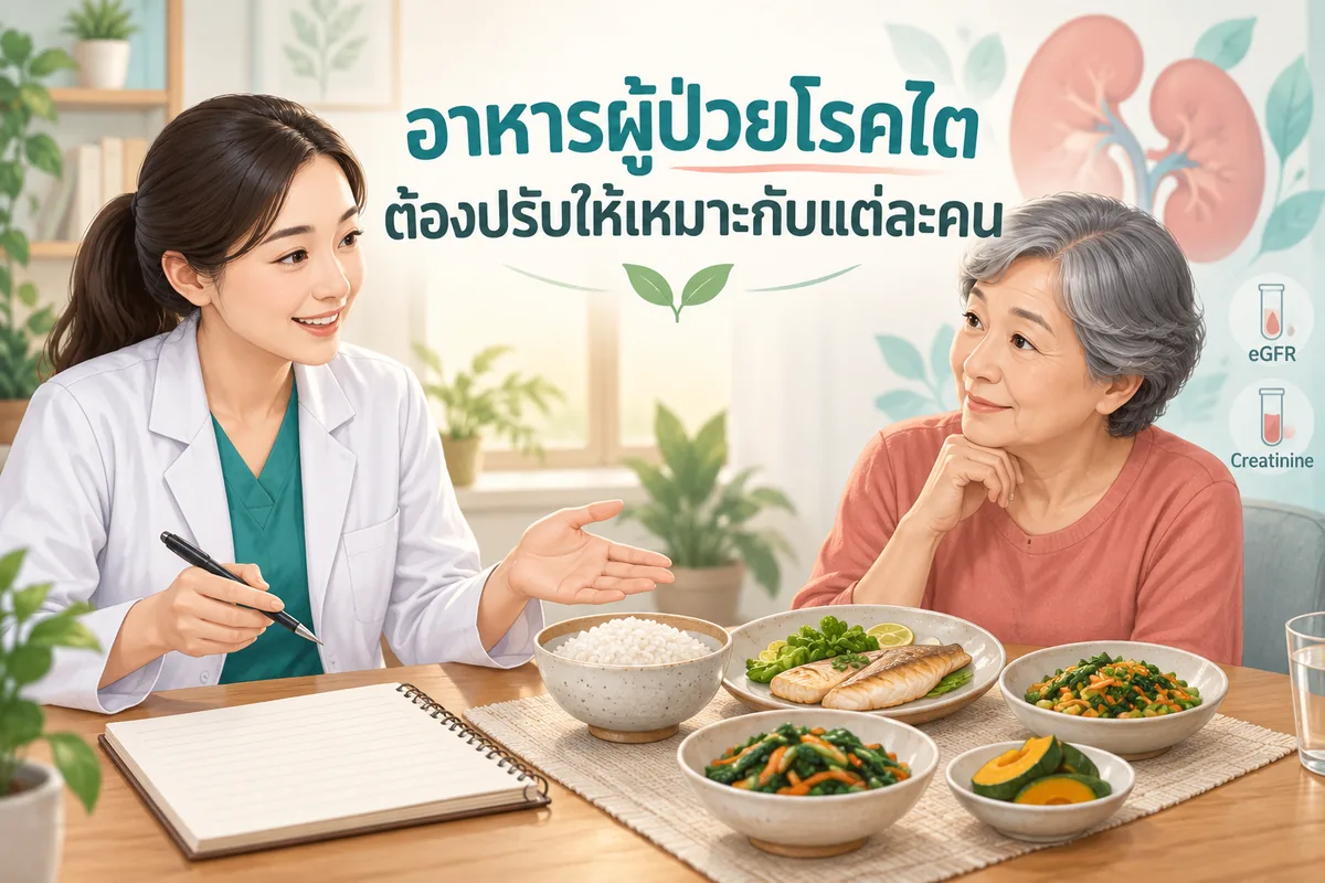 ภาพอาหารผู้ป่วยโรคไต แสดงการวางแผนมื้ออาหารร่วมกับผู้ให้คำปรึกษา ไม่ใช่เมนูเฉพาะบุคคล