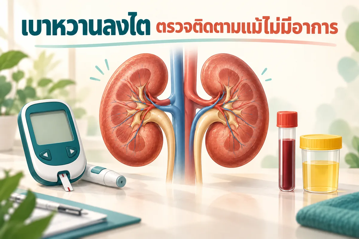ภาพเบาหวานลงไต แสดงไต เครื่องตรวจน้ำตาล และตัวอย่างเลือดกับปัสสาวะเพื่อการติดตาม