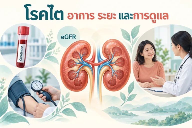 ภาพประกอบโรคไต แสดงไต การตรวจเลือด การวัดความดัน และการปรึกษาผู้รักษา