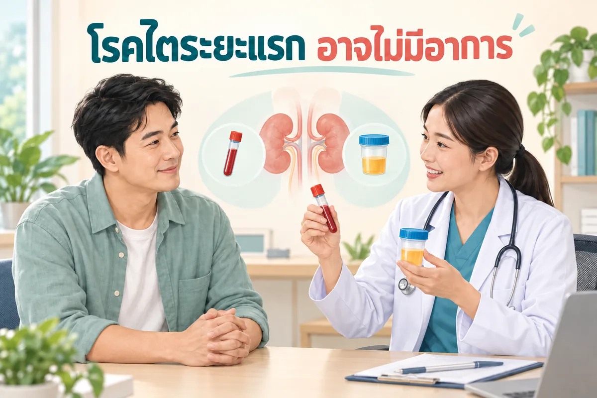 ภาพโรคไตระยะแรก แสดงผู้ใหญ่ที่ดูสบายดีปรึกษาผู้รักษาเรื่องการตรวจเลือดและปัสสาวะ