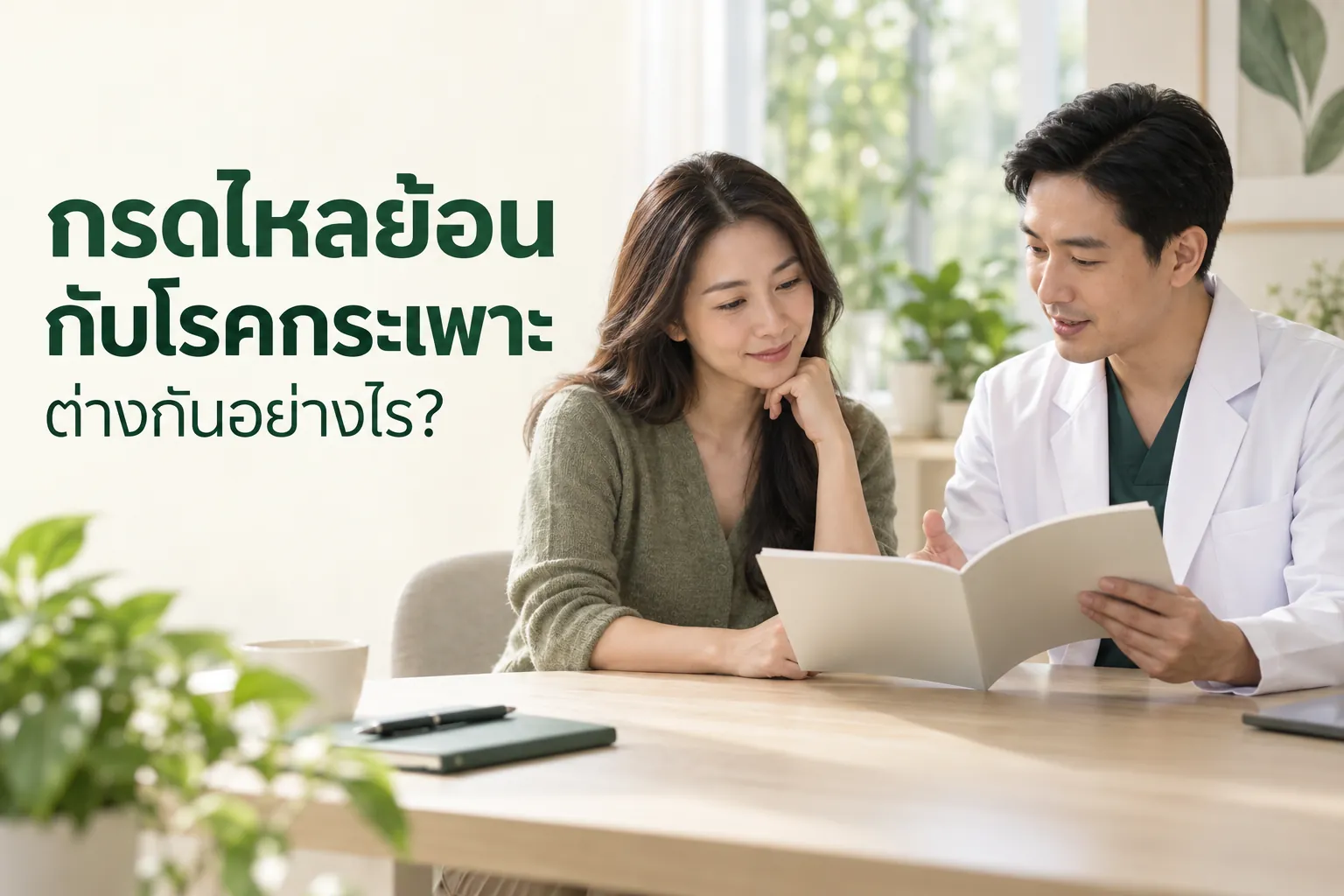 ภาพจำลองการพูดคุยเรื่องสุขภาพ พร้อมข้อความ กรดไหลย้อนกับโรคกระเพาะ ต่างกันอย่างไร