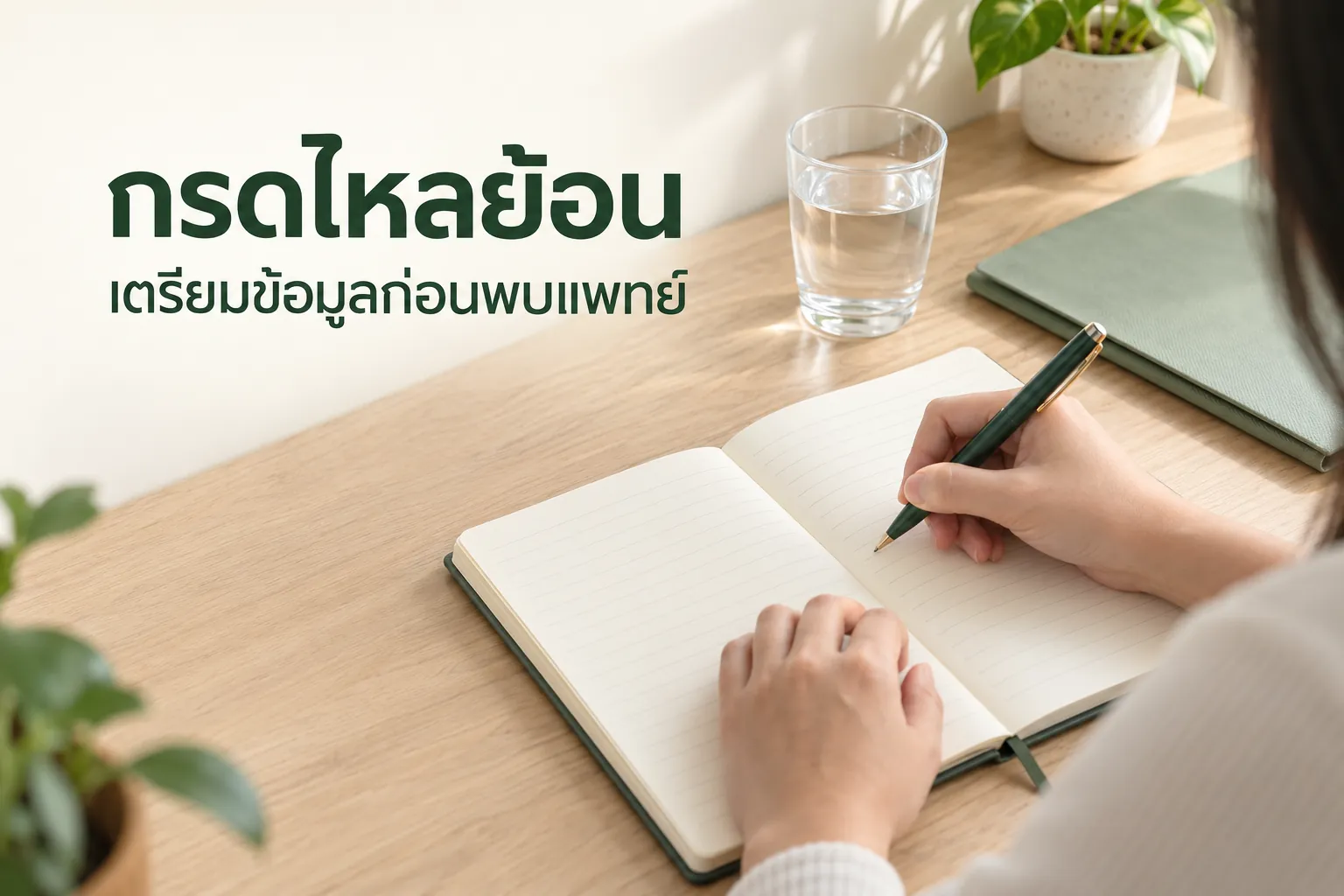 ภาพจำลองมือจดในสมุด พร้อมข้อความ กรดไหลย้อน เตรียมข้อมูลก่อนพบแพทย์