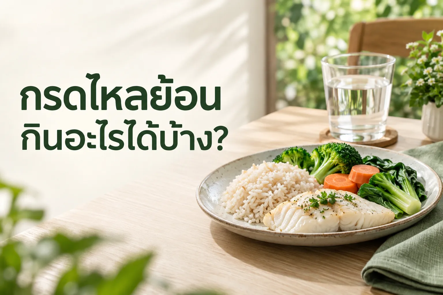 ภาพตัวอย่างมื้อข้าว ปลา และผัก พร้อมข้อความ กรดไหลย้อน กินอะไรได้บ้าง ไม่ใช่เมนูรักษาโรค