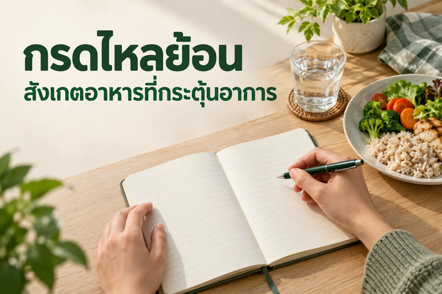 ภาพจำลองมือจดสมุดข้างมื้ออาหาร พร้อมข้อความ กรดไหลย้อน สังเกตอาหารที่กระตุ้นอาการ